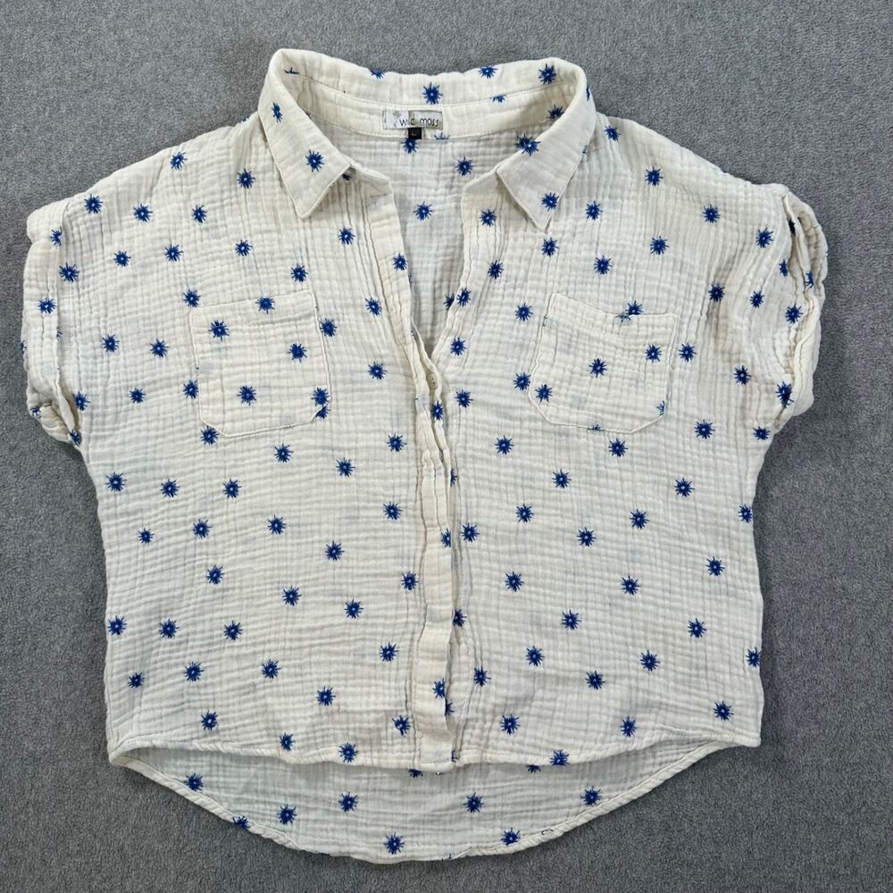 Wild Moss Embroidered Campshirt Women's Large Gauzy Blue Starburst Button Front